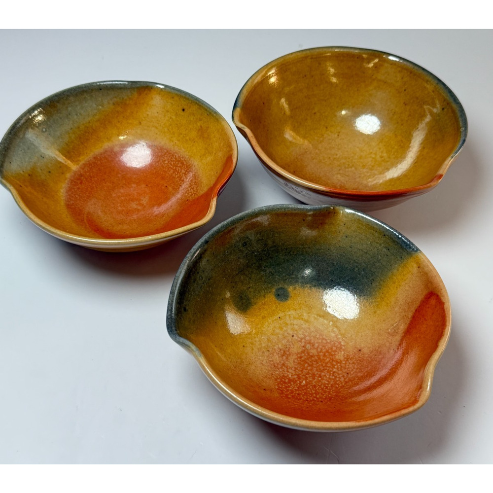 Set 3 Connie Christensen Art Studio Pottery Dimpled Bowls Hand Thrown Orange Sun